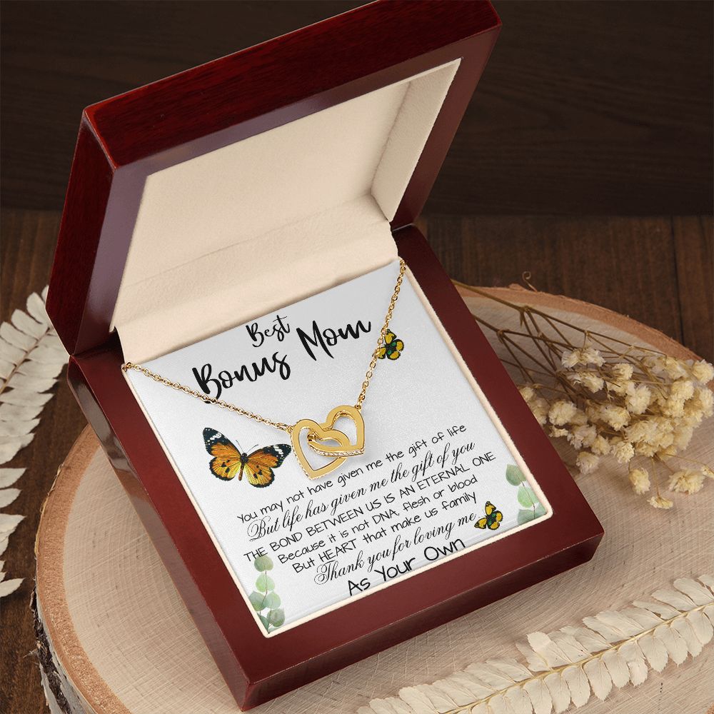 Stepmom Necklace, To My Bonus Mom Gift Neckalce, Thank For You Loving Me As Your Own Mother's Day Interlocking Hearts Necklace