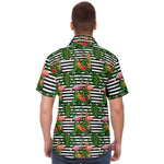 Men Hawaiian Shirt Flamingo Flowers Hibiscus Black White Stripe Hawaiian Men Short Sleeve Shirt