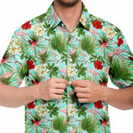Men Hawaiian Shirt Flamingo Tropical Flowers Foliage Blue Background Hawaiian Men Short Sleeve Shirt