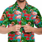 Men Hawaiian Shirt Flamingo Birds and Tropical Garden Watercolor Hawaiian Men Short Sleeve Shirt