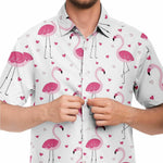 Men Hawaiian Shirt Cute Pink Girly Flamingo Love Heart White Hawaiian Men Short Sleeve Shirt