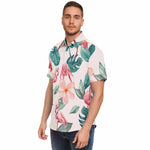 Men Hawaiian Shirt Flamingos Pink and Tropical Flowers Hawaiian Men Short Sleeve Shirt