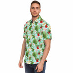 Men Hawaiian Shirt Flamingo Tropical Flowers Foliage Blue Background Hawaiian Men Short Sleeve Shirt