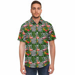 Men Hawaiian Shirt Flamingo Flowers Hibiscus Black White Stripe Hawaiian Men Short Sleeve Shirt