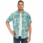 Men Hawaiian Shirt Flamingo Orchid Tropical Pattern Blue Hawaiian Men Short Sleeve Shirt