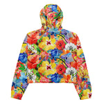Women’s cropped windbreaker watercolor hand painted background with magnolia, lily, orchid flowers and tropical leaves Summer Rose Women's Cropped Windbreaker Jacket