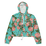 Women’s cropped windbreaker Floral Rose Garden Pattern Blue Summer Rose Women's Cropped Windbreaker Jacket