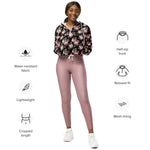 Women’s cropped windbreaker Pink Roses Bouquet Flower Black Summer Rose Women's Cropped Windbreaker Jacket