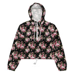 Women’s cropped windbreaker Pink Roses Bouquet Flower Black Summer Rose Women's Cropped Windbreaker Jacket