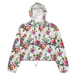 Women’s cropped windbreaker Roses, peony with leaves and chamomile with cornflowers Summer Rose Women's Cropped Windbreaker Jacket