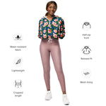 Women’s cropped windbreaker Seamless Pattern Blue with Roses Pink Flowers Summer Rose Women's Cropped Windbreaker Jacket