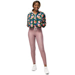 Women’s cropped windbreaker Seamless Pattern Blue with Roses Pink Flowers Summer Rose Women's Cropped Windbreaker Jacket