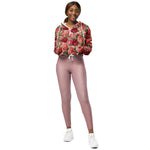 Women’s cropped windbreaker Vintage Elegant Pink Red Floral on Pink Rose Gold Summer Rose Women's Cropped Windbreaker Jacket