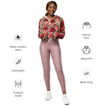 Women’s cropped windbreaker Vintage Elegant Pink Red Floral on Pink Rose Gold Summer Rose Women's Cropped Windbreaker Jacket