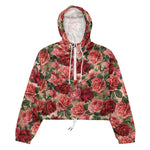 Women’s cropped windbreaker Vintage Elegant Pink Red Floral on Pink Rose Gold Summer Rose Women's Cropped Windbreaker Jacket