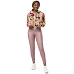 Women’s cropped windbreaker Vintage Gold Floral Pink Roses Damask Garden Summer Rose Women's Cropped Windbreaker Jacket