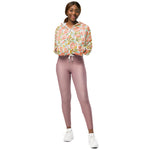 Women’s cropped windbreaker Vintage Pattern with Blooming Rose Hips and Fruits Summer Rose Women's Cropped Windbreaker Jacket
