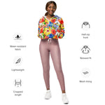 Women’s cropped windbreaker watercolor hand painted background with magnolia, lily, orchid flowers and tropical leaves Summer Rose Women's Cropped Windbreaker Jacket