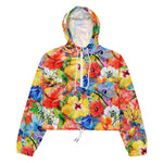 Women’s cropped windbreaker watercolor hand painted background with magnolia, lily, orchid flowers and tropical leaves Summer Rose Women's Cropped Windbreaker Jacket