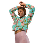 Women’s cropped windbreaker Floral Rose Garden Pattern Blue Summer Rose Women's Cropped Windbreaker Jacket