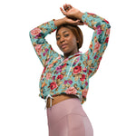 Women’s cropped windbreaker Red pink orange and violet vintage flowers with leaves Summer Rose Women's Cropped Windbreaker Jacket