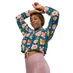 Women’s cropped windbreaker Seamless Pattern Blue with Roses Pink Flowers Summer Rose Women's Cropped Windbreaker Jacket