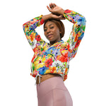 Women’s cropped windbreaker watercolor hand painted background with magnolia, lily, orchid flowers and tropical leaves Summer Rose Women's Cropped Windbreaker Jacket