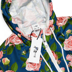 Women’s cropped windbreaker Seamless Pattern Blue with Roses Pink Flowers Summer Rose Women's Cropped Windbreaker Jacket