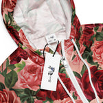 Women’s cropped windbreaker Vintage Elegant Pink Red Floral on Pink Rose Gold Summer Rose Women's Cropped Windbreaker Jacket