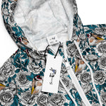 Women’s cropped windbreaker White Rose Flowers and Goldfinch Birds Summer Rose Women's Cropped Windbreaker Jacket