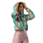 Women’s cropped windbreaker Floral Rose Garden Pattern Blue Summer Rose Women's Cropped Windbreaker Jacket