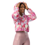 Women’s cropped windbreaker Pink and White Roses Seamless Flower Summer Rose Women's Cropped Windbreaker Jacket