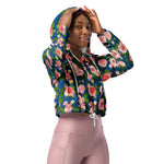 Women’s cropped windbreaker Seamless Pattern Blue with Roses Pink Flowers Summer Rose Women's Cropped Windbreaker Jacket