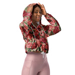 Women’s cropped windbreaker Vintage Elegant Pink Red Floral on Pink Rose Gold Summer Rose Women's Cropped Windbreaker Jacket