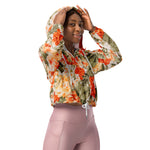Women’s cropped windbreaker Vintage Floral Fabric Orange Rose Garden Summer Rose Women's Cropped Windbreaker Jacket