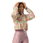 Women’s cropped windbreaker Vintage Pattern with Blooming Rose Hips and Fruits Summer Rose Women's Cropped Windbreaker Jacket