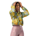 Women’s cropped windbreaker Vintage Yellow Rose and Grey Watercolor Floral Summer Rose Women's Cropped Windbreaker Jacket