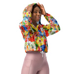 Women’s cropped windbreaker watercolor hand painted background with magnolia, lily, orchid flowers and tropical leaves Summer Rose Women's Cropped Windbreaker Jacket