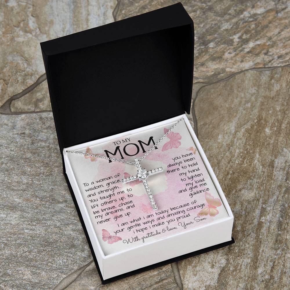 To My Mom Necklace To A Woman Of Wisdom Mother's Day Gift For Mom From Son Mother's Day CZ Cross Necklace