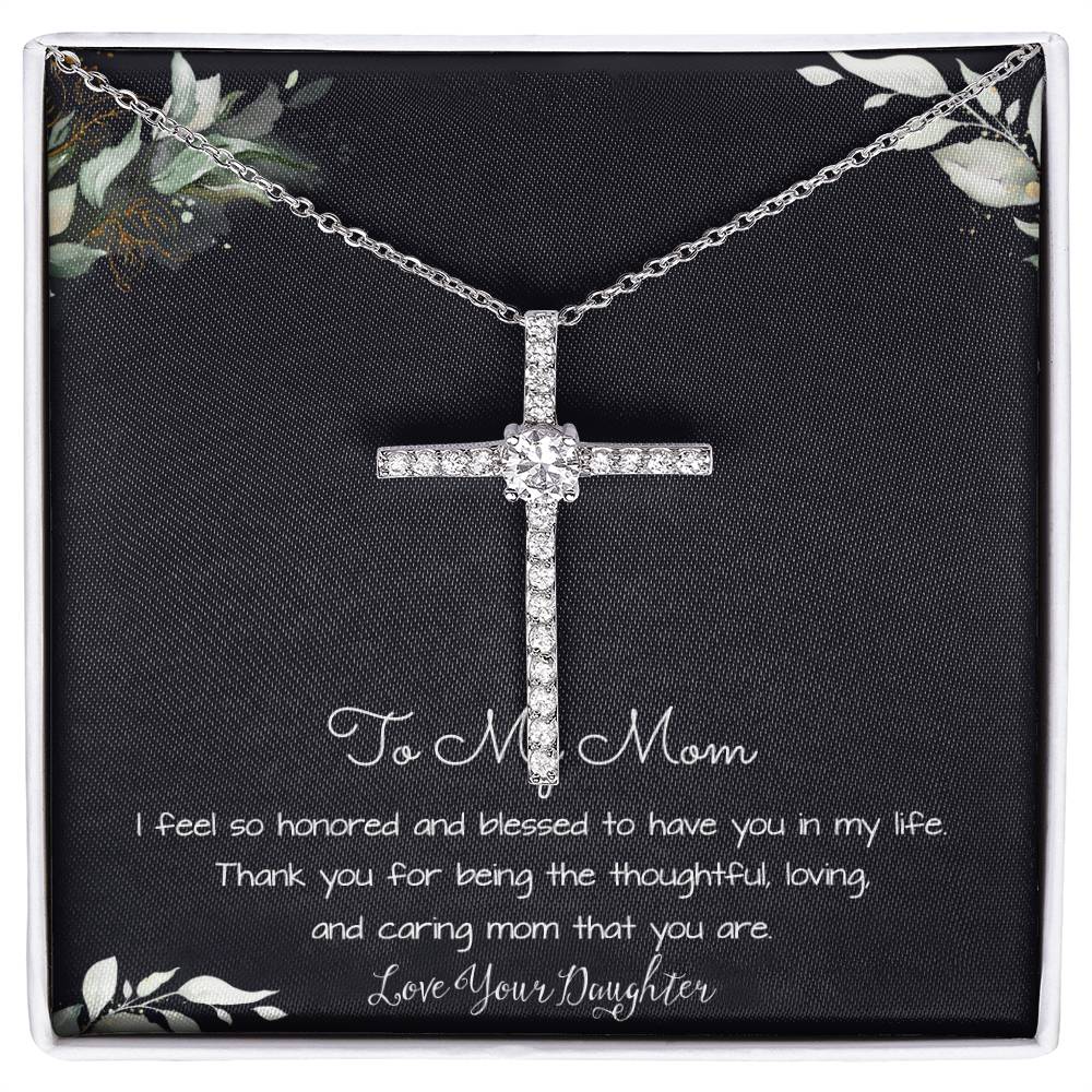 To My Mom Necklace -Mother's Day Gift For Mom From Son, Thank You Mom Mother's Day CZ Cross Necklace