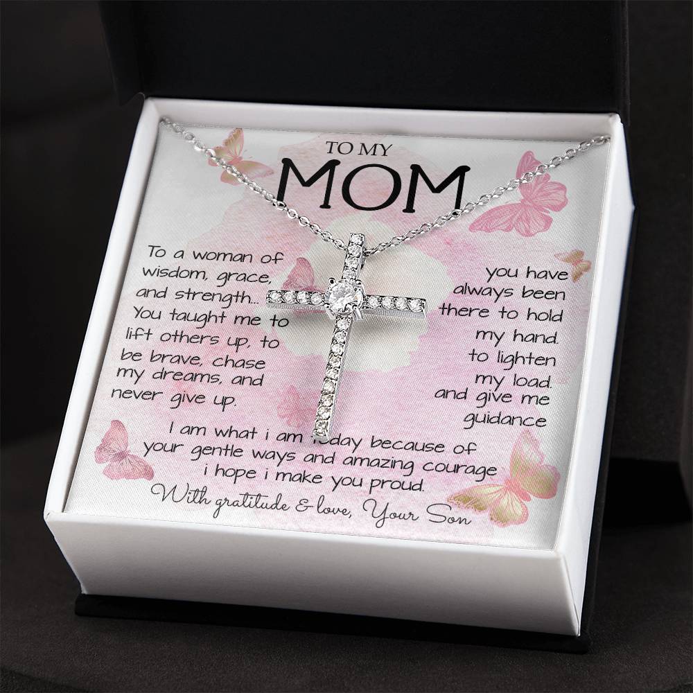 To My Mom Necklace To A Woman Of Wisdom Mother's Day Gift For Mom From Son Mother's Day CZ Cross Necklace