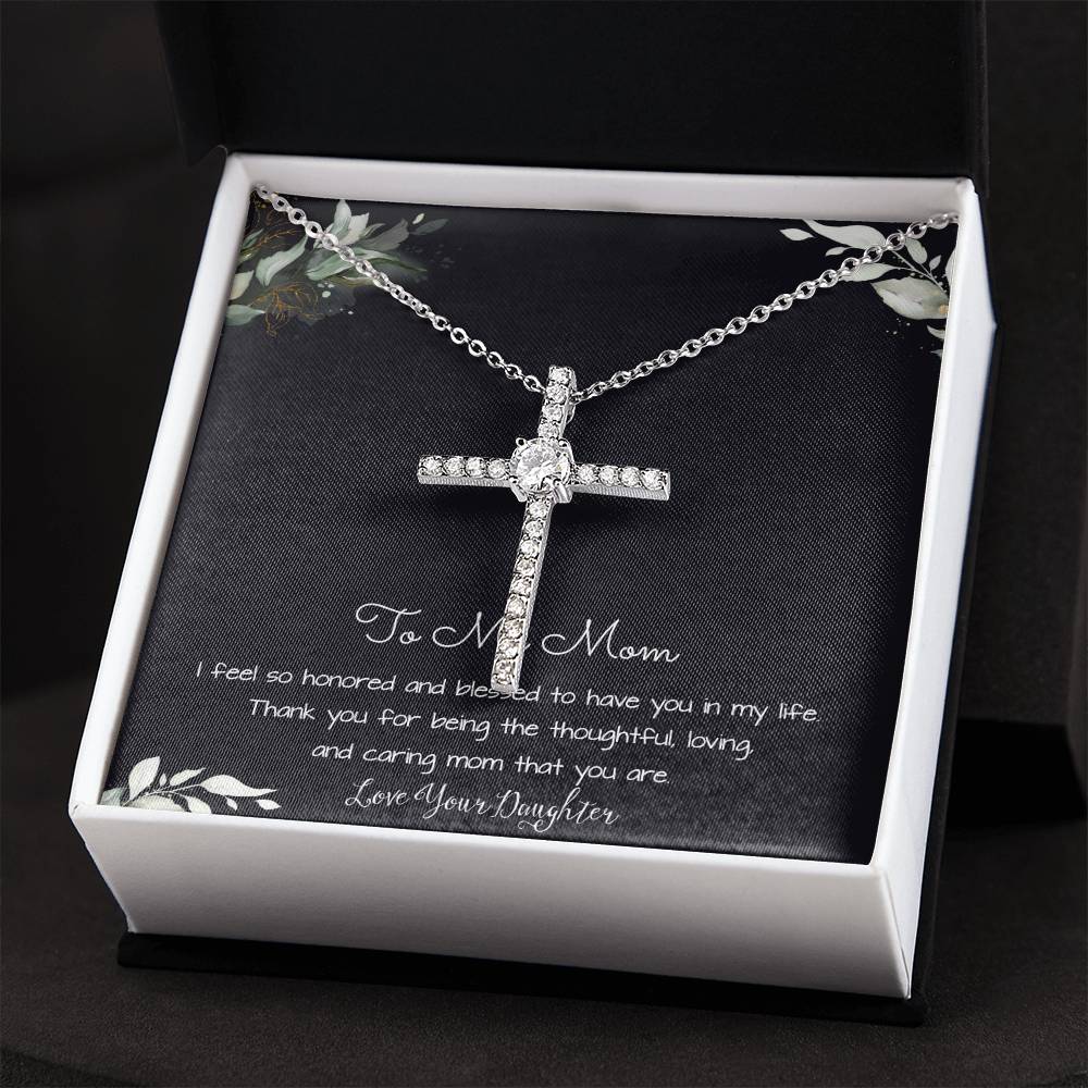 To My Mom Necklace -Mother's Day Gift For Mom From Son, Thank You Mom Mother's Day CZ Cross Necklace