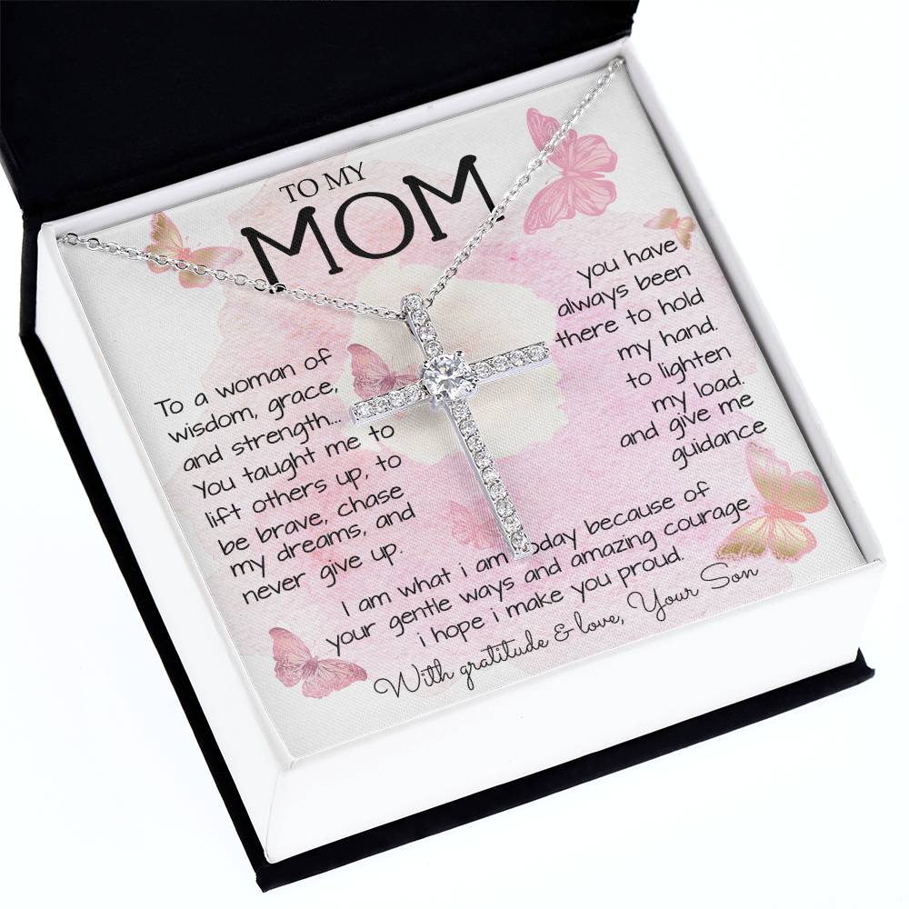 To My Mom Necklace To A Woman Of Wisdom Mother's Day Gift For Mom From Son Mother's Day CZ Cross Necklace