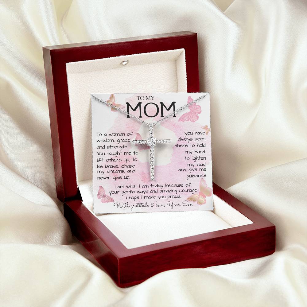 To My Mom Necklace To A Woman Of Wisdom Mother's Day Gift For Mom From Son Mother's Day CZ Cross Necklace