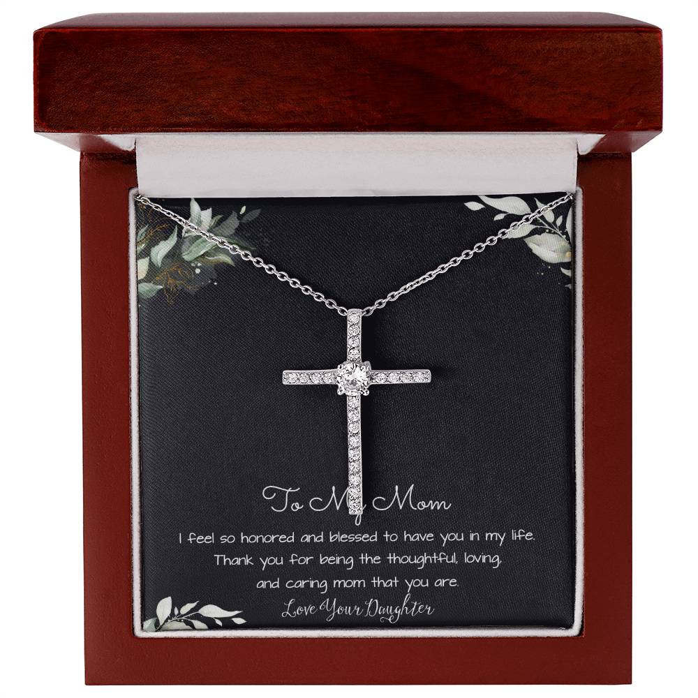 To My Mom Necklace -Mother's Day Gift For Mom From Son, Thank You Mom Mother's Day CZ Cross Necklace