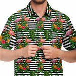 Men Hawaiian Shirt Flamingo Flowers Hibiscus Black White Stripe Hawaiian Men Short Sleeve Shirt