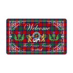 Doormat - Welcome Mat Scottish Clan Badge Fraser of Altyre Tartan Door Mat, Plaid Doormat With Thistle and Two Lion Scottish