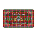 Doormat - Welcome Mat Scottish Clan Badge Fraser Tartan Door Mat, Plaid Doormat With Thistle and Two Lion Scottish