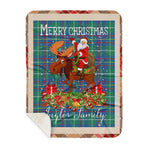 Personalized Gift Plaid Tartan Blanket Clan Inglis Ancient With Moose Lover Xmas Gift Santa Riding Buffalo Plaid Christmas Sherpa Blanket