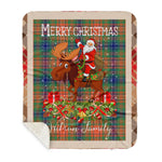 Personalized Gift Plaid Tartan Blanket Clan Wilson With Moose Lover Xmas Gift Santa Riding Buffalo Plaid Christmas Sherpa Blanket